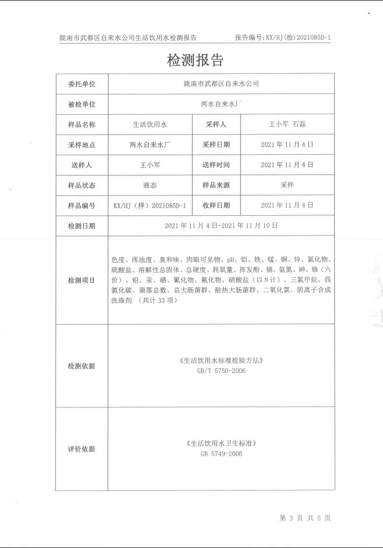 2021年11月16日武都城區(qū)飲用水檢測報告